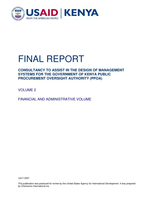 Final report : consultancy to assist in the design of management systems for the Government of Kenya Public Procurement Oversight Authority (PPOA) -- volume 2 : financial and administrative volume