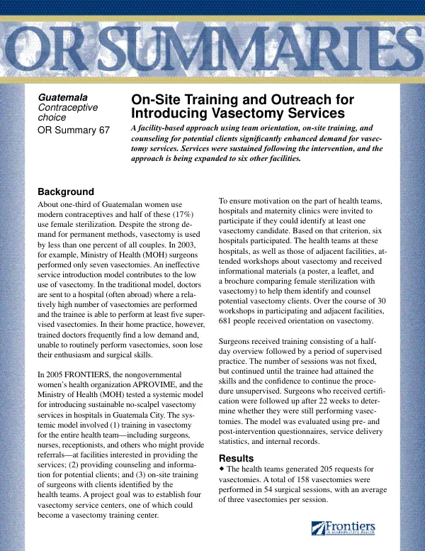 On-site training and outreach for introducing vasectomy services