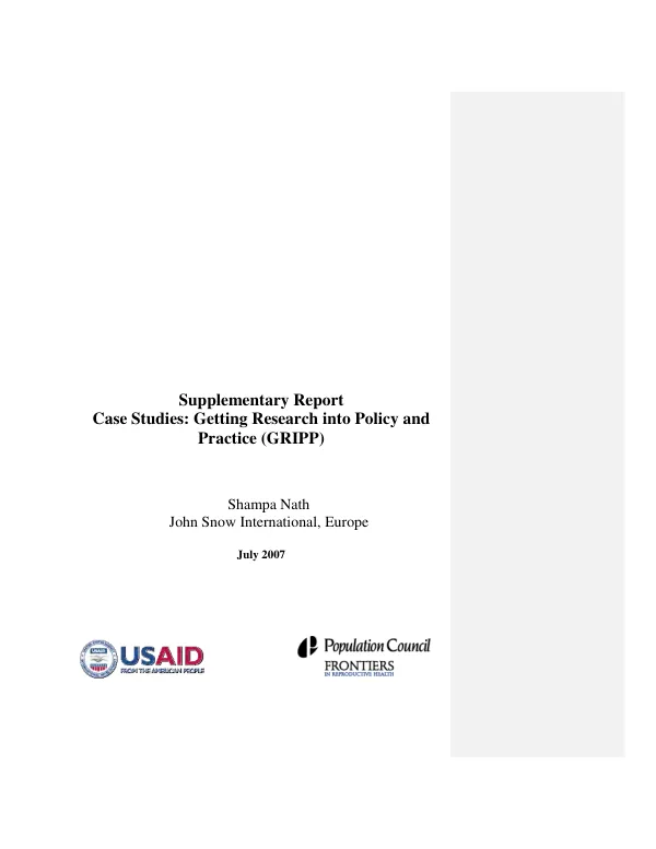 Supplementary report : case studies -- getting research into policy and practice (GRIPP)