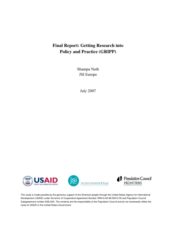 Final report : getting research into policy and practice (GRIPP)