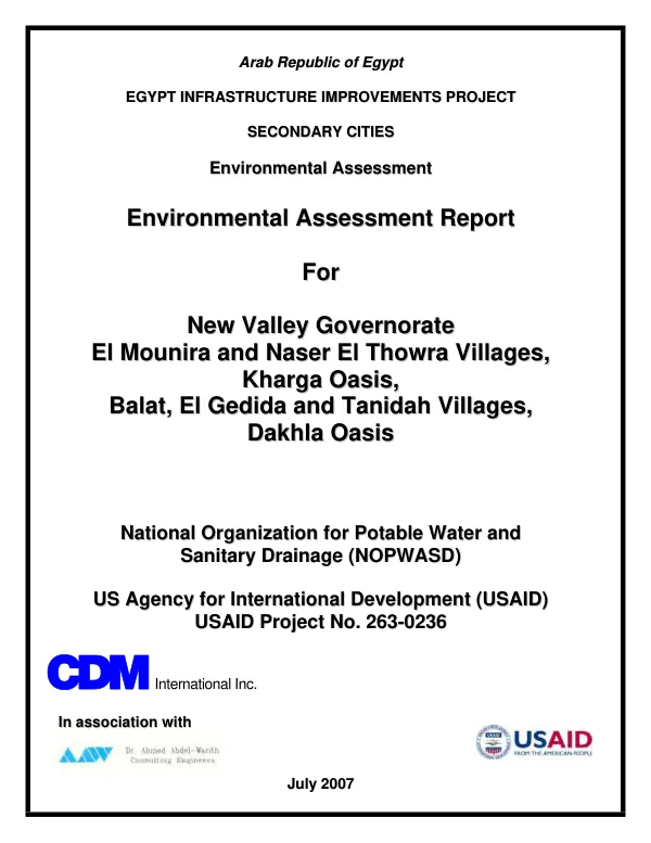 Enviromental assessment report for New Valley Governorate, El Mounira and Naser El Thowra Villages, Kharga Oasis, Balat, El Gedida and Tanidah Villages, Dakhla Oasis[ : executive summary]