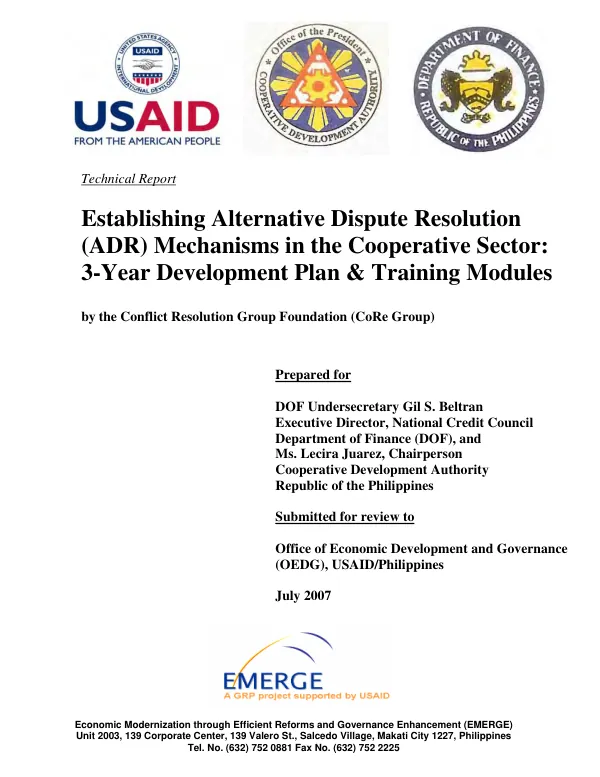 Establishing alternative dispute resolution (ADR) mechanisms in the cooperative sector : a 3-year development plan & training modules