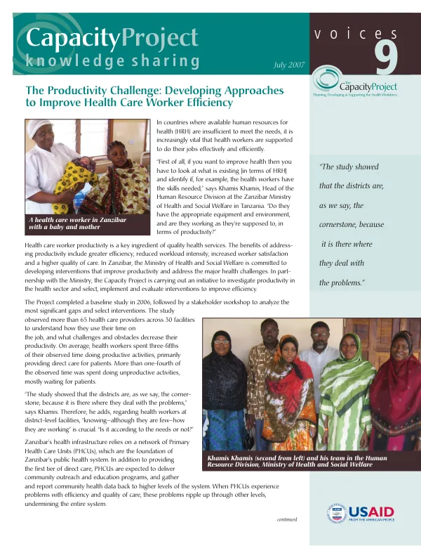 The productivity challenge : developing approaches to improve health care worker efficiency