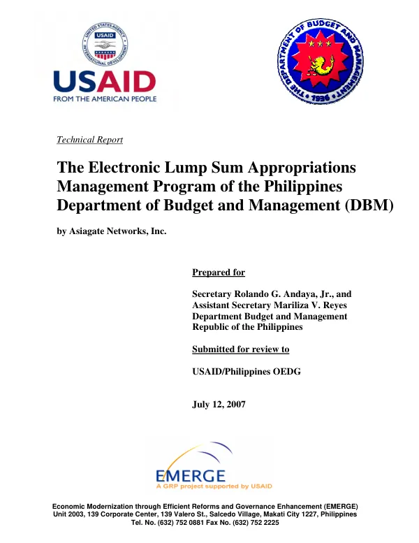 Electronic lump sum appropriation management program of the Philippines Department of Budget and Management (DBM)
