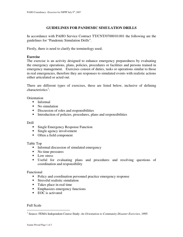 Guidelines for pandemic simulation drills