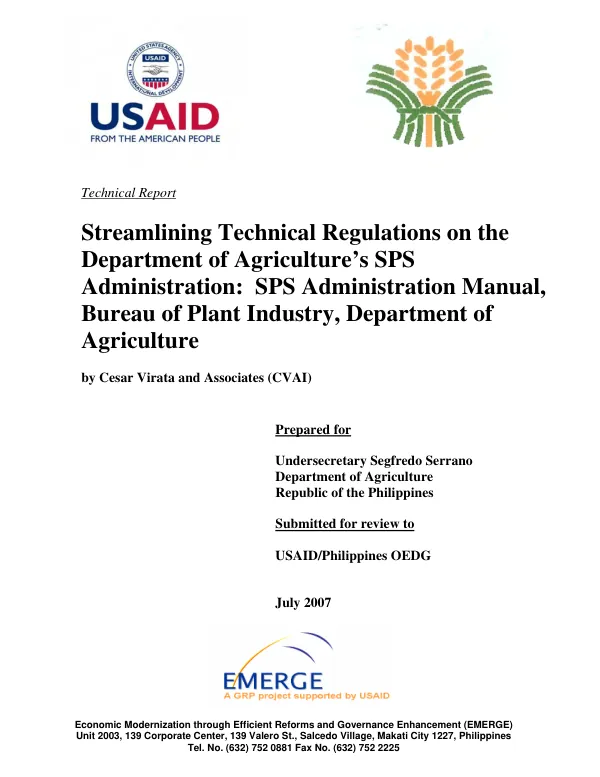 Streamlining technical regulations on the Department of Agriculture"s SPS administration : SPS administration manual, Bureau of Plant Industry, Department of Agriculture