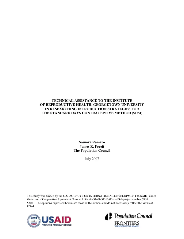 Technical assistance to the Institute of Reproductive Health, Georgetown University in researching introduction strategies for the standard days contraceptive method (SDM)