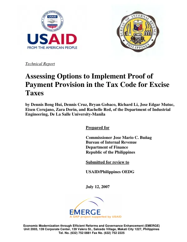 Final report on the study "assessing options to implement proof of payment provision in the tax code for excise taxes"