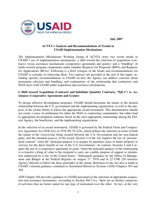 ACVFA"s analysis and recommendations of trends in USAID implementation mechanisms