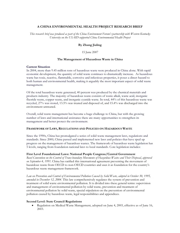 The management of hazardous waste in China