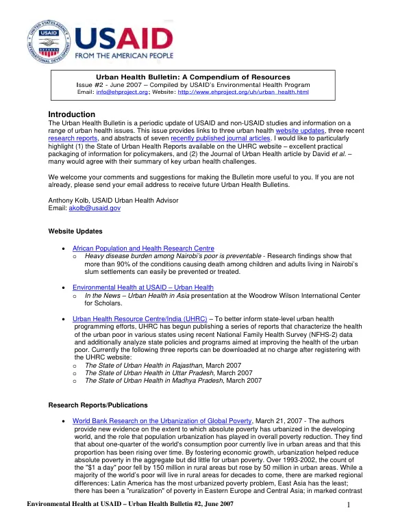 Urban health bulletin : a compendium of resources, issue #2