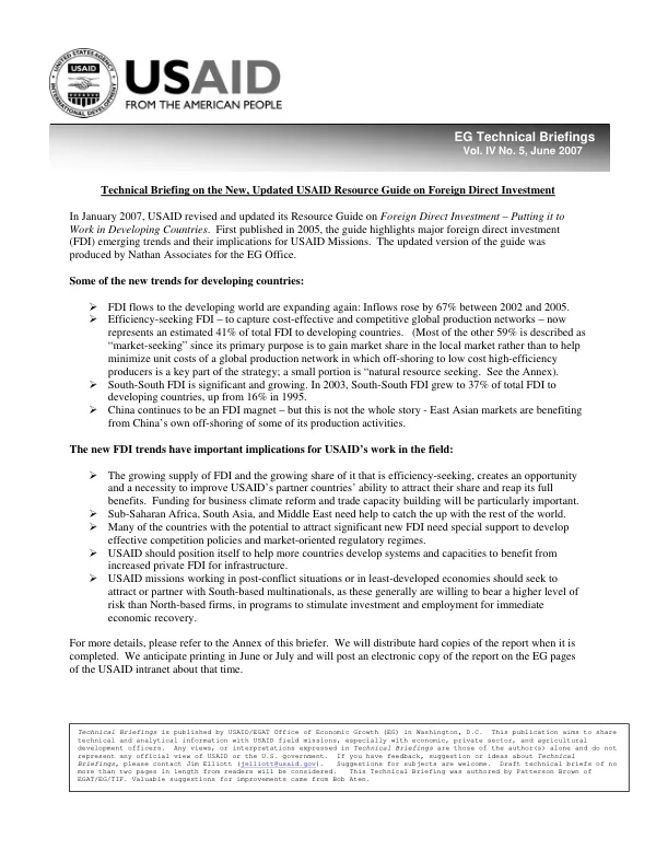 Technical briefing on the new, updated USAID resource guide on foreign direct investment