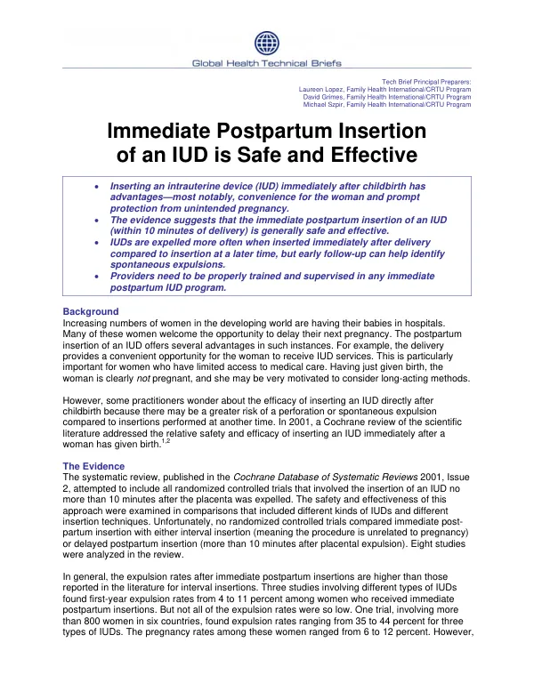 Immediate postpartum insertion of an IUD is safe and effective