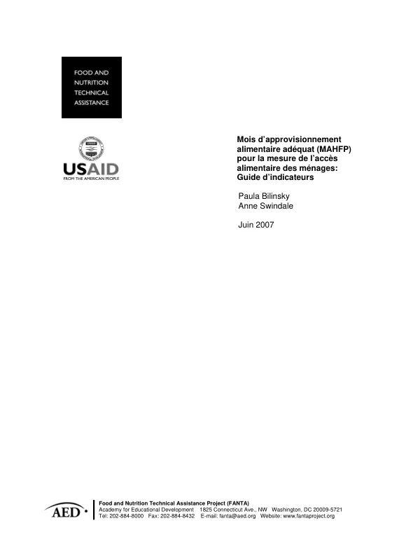 Mois d"approvisionnement alimentaire adequat (MAHFP) pour la mesure de l"acces alimentaire des menages : guide d"indicateurs