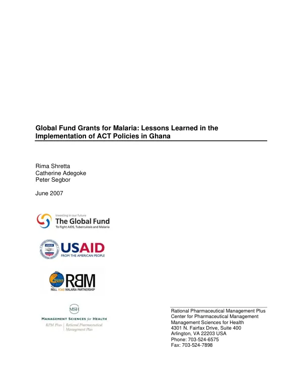 Global Fund grants for malaria : lessons learned in the implementation of ACT policies in Ghana