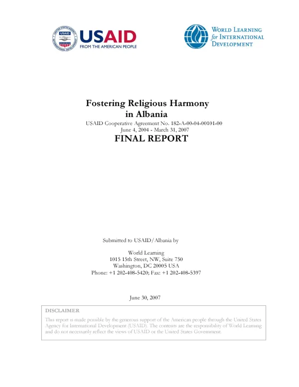 Fostering religious harmony in Albania : USAID cooperative agreement no. 182-A-00-04-00101-00, June 4, 2004-March 31, 2007 : final report