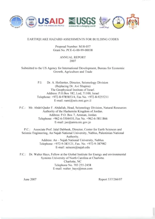 Earthquake hazard assessments for building codes : proposal number M18-057 -- annual report 2007