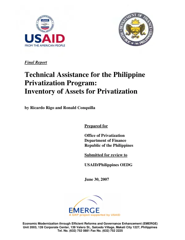 Technical assistance for the Philippine privatization program : inventory of assets for privatization
