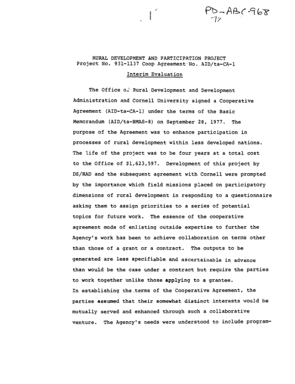 Rural development and participation project : project no. 931-1137, coop agreement no. AID/ta-CA-1 -- interim evaluation