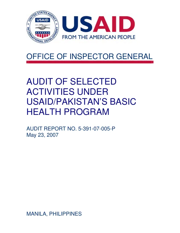 Audit of selected activities under USAID/Pakistan"s basic health program