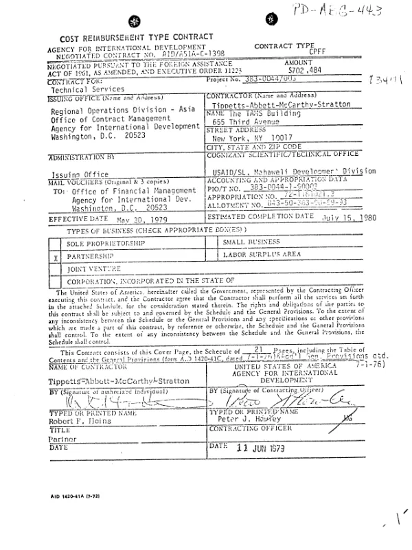 AID contract no. AID/AIA-C-1398 to Tippetts-Abbett-McCarthy-Stratton for an environmental assessment of the accelerated Mahaweli Ganga project
