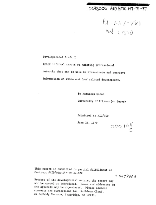 Developmental draft I : brief informal report on existing professional networks that can be used to disseminate and retrieve information on women and food related development