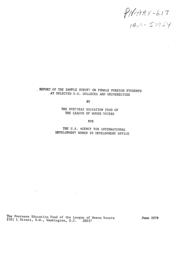 Report of the sample survey on female foreign students at selected US colleges and universities