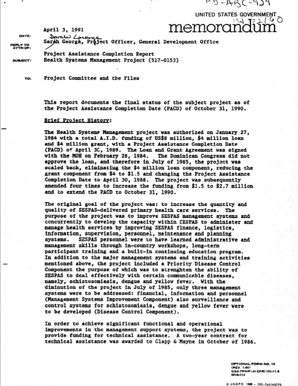 Project assistance completion report : health systems management project (517-0153)