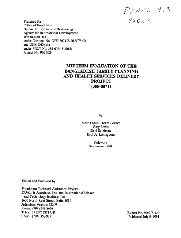 Midterm evaluation of the Bangladesh family planning and health services delivery project (388-0071)