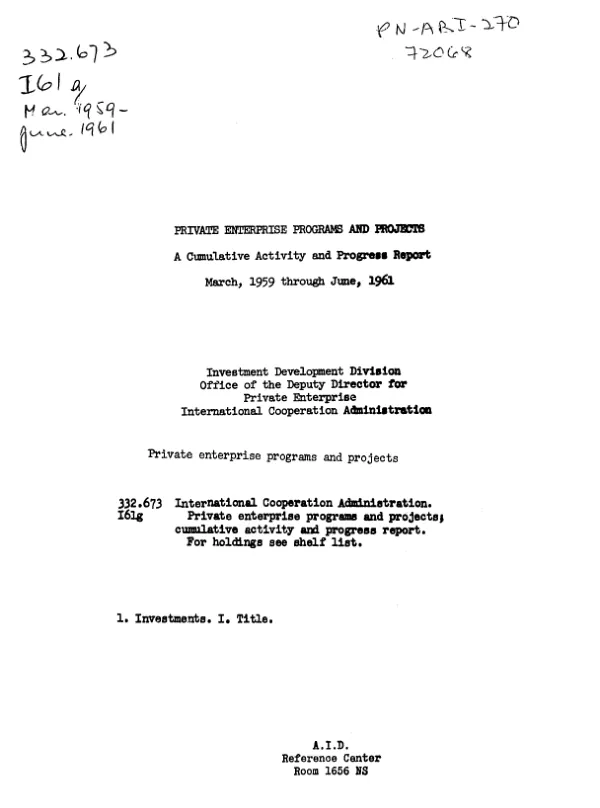 Private enterprise programs and projects : a cumulative activity and progress report, March, 1959 through June, 1961
