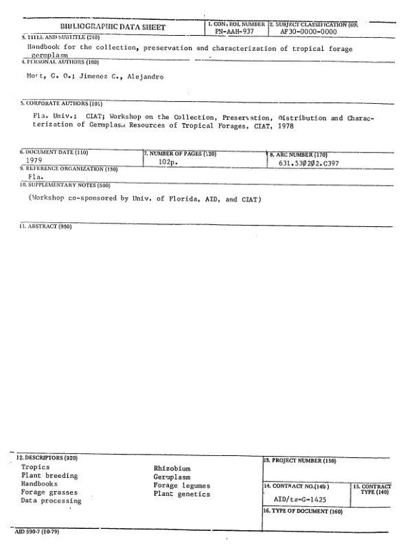 Handbook for the collection, preservation and characterization of tropical forage germplasm