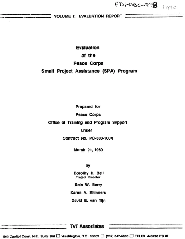 Evaluation of the Peace Corps small project assistance (SPA) program, volume 1 : evaluation report