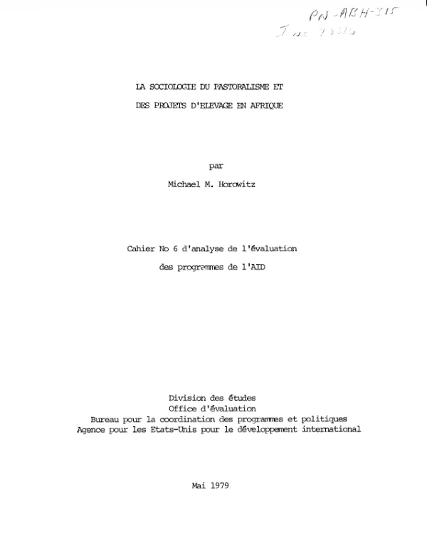 Sociologie du pastoralisme et des projets d"elevage en Afrique