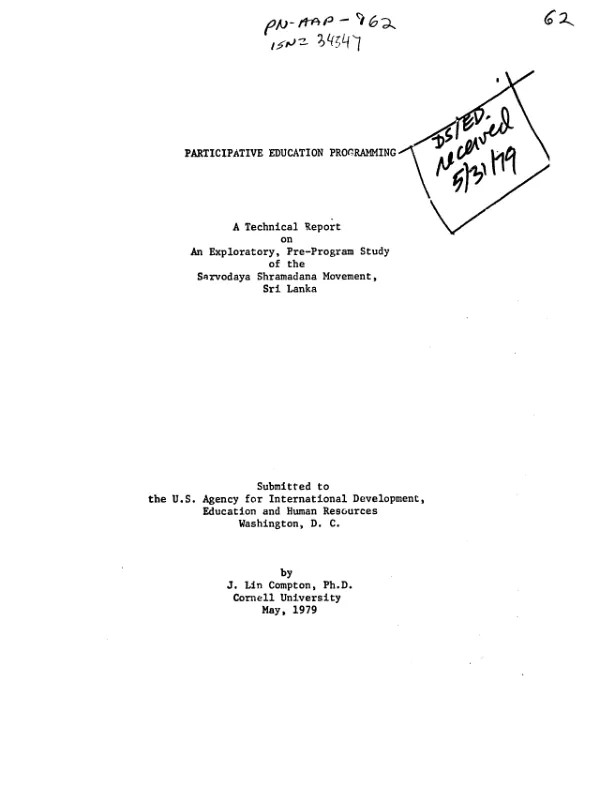 Participative education programming : a technical report on an exploratory, pre-program study of the Sarvodaya Shramadana movement, Sri Lanka