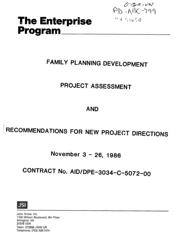 Family planning development project assessment and recommendations for new project directions
