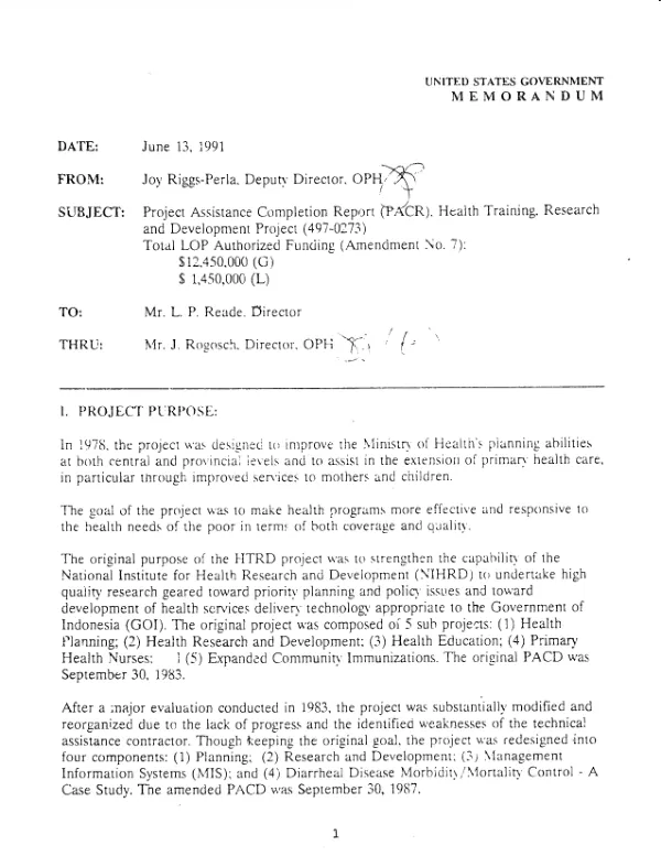 Project assistance completion report (PACR) : health training, research and development project (497-0273)