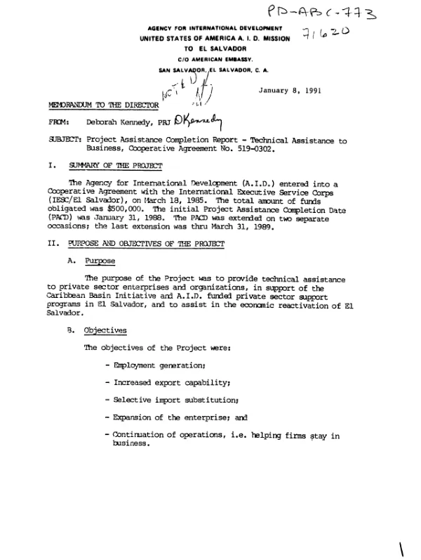 Project assistance completion report : technical assistance to business, cooperative agreement no. 519-0302