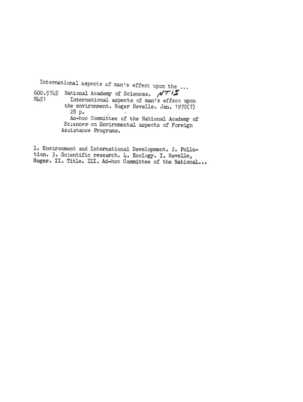 International aspects of man"s effect upon the environment : summary report to AID Bureau for Technical Assistance