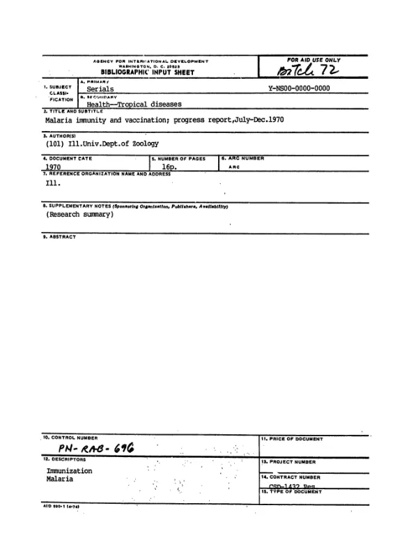 MALARIA IMMUNITY AND VACCINATION; PROGRESS REPORT, JULY-DEC. 1970