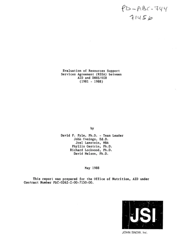Evaluation of resources support services agreement (RSSA) between AID and DHHS/OIH (1981-1988)