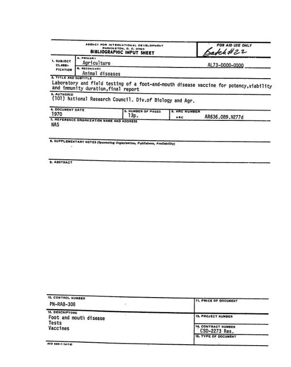 LABORATORY AND FIELD TESTING OF A FOOT - AND - MOUTH DISEASE VACCINE FOR POTENCY, VIABILITY, AND IMMUNITY DURATION, FINAL REPORT