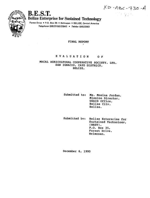 Final report : evaluation of Macal Agricultural Cooperative Society, Ltd., San Ignacio, Cayo District, Belize