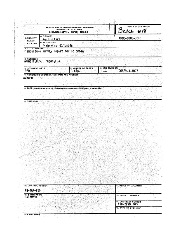 FISHCULTURE SURVEY REPORT FOR COLOMBIA