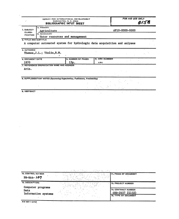 COMPUTER AUTOMATED SYSTEM FOR HYDROLOGIC DATA ACQUISITION AND ANALYSES