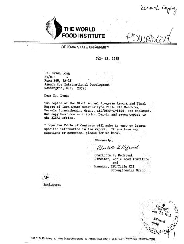 Iowa State University Title XII matching formula strengthening grant, grant no. AID/DSAN-XII-G-0114 : sixth annual and final report, July 1979-30 September 1984