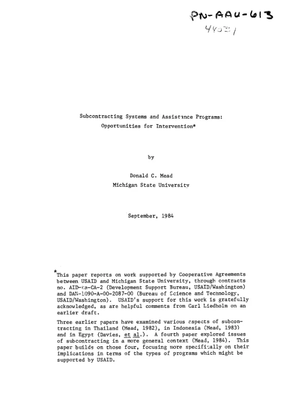 Subcontracting systems and assistance programs : opportunities for intervention