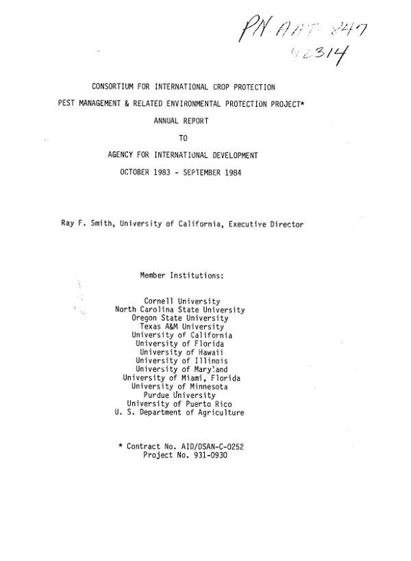 Consortium for International Crop Protection pest management and related environmental protection project : annual report to Agency for International Development, October 1983-September 1984
