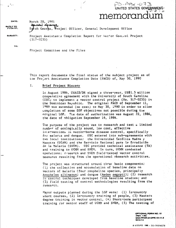 Project assistance completion report for vector control project (517-0235)