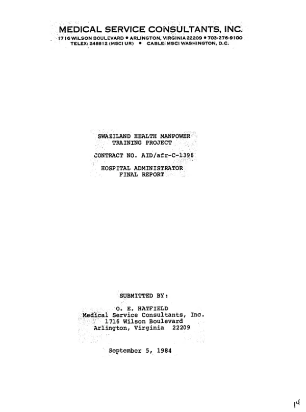 Swaziland health manpower training project, contract no. AID/AFR-C-1396 : hospital administration final report