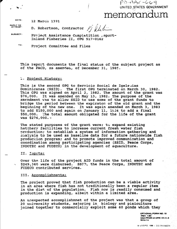 Project assistance completition [i.e. completion] report : inland fisheries II, OPG 517-0162